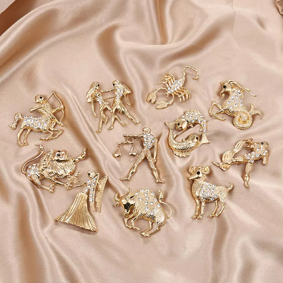 OEM Custom Women's Jewelry Fashion 12 Zodiac Crystal Animal-Embellished Brooches Zircon Engagement Party Wedding Gifts Made