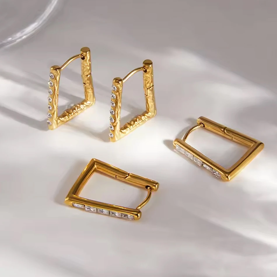 OEM Custom Jewelry Stainless Steel Rectangle Hoop Earrings with Zircon PVD Gold Plated Geometric Ear