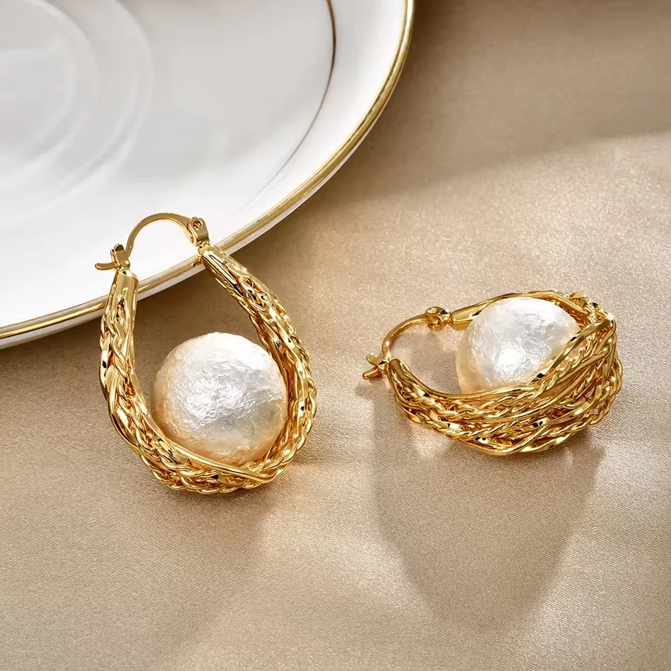 OEM Custom Jewelry Niche Designer Earring Woven Hemp Pattern Luxury High-end Beads Imitation Pearl E