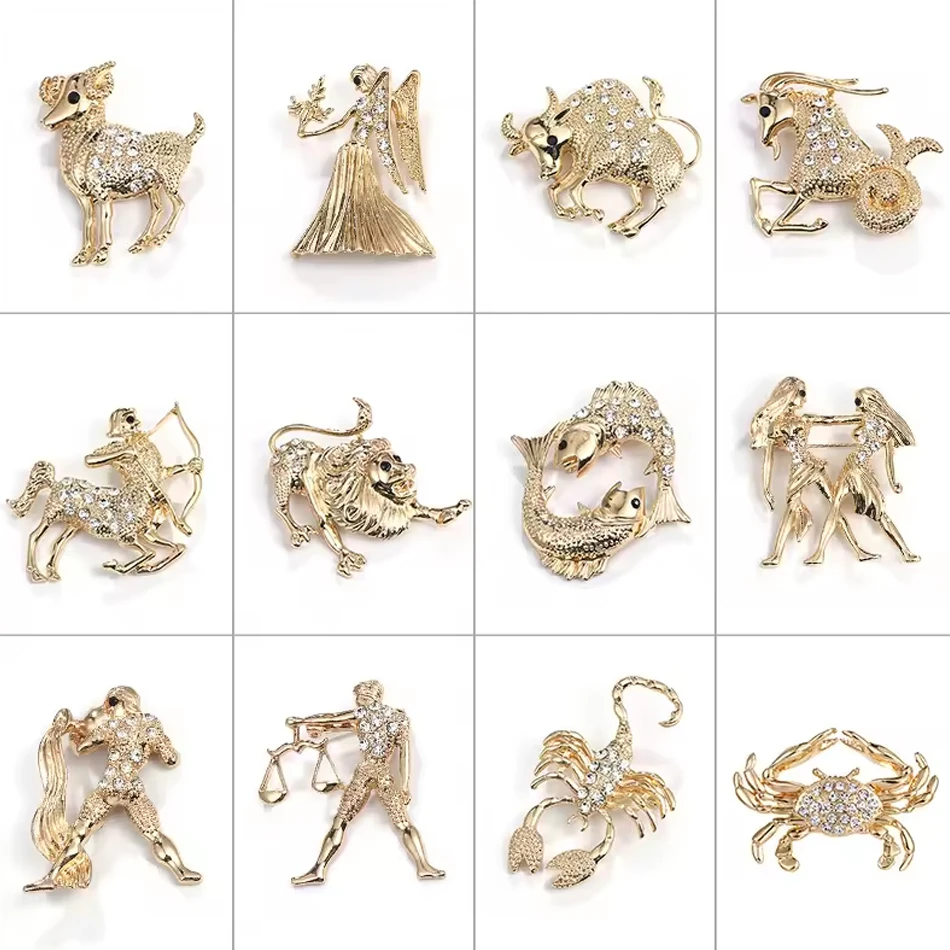 OEM Custom Women's Jewelry Fashion 12 Zodiac Crystal Animal-Embellished Brooches Zircon Engagement P