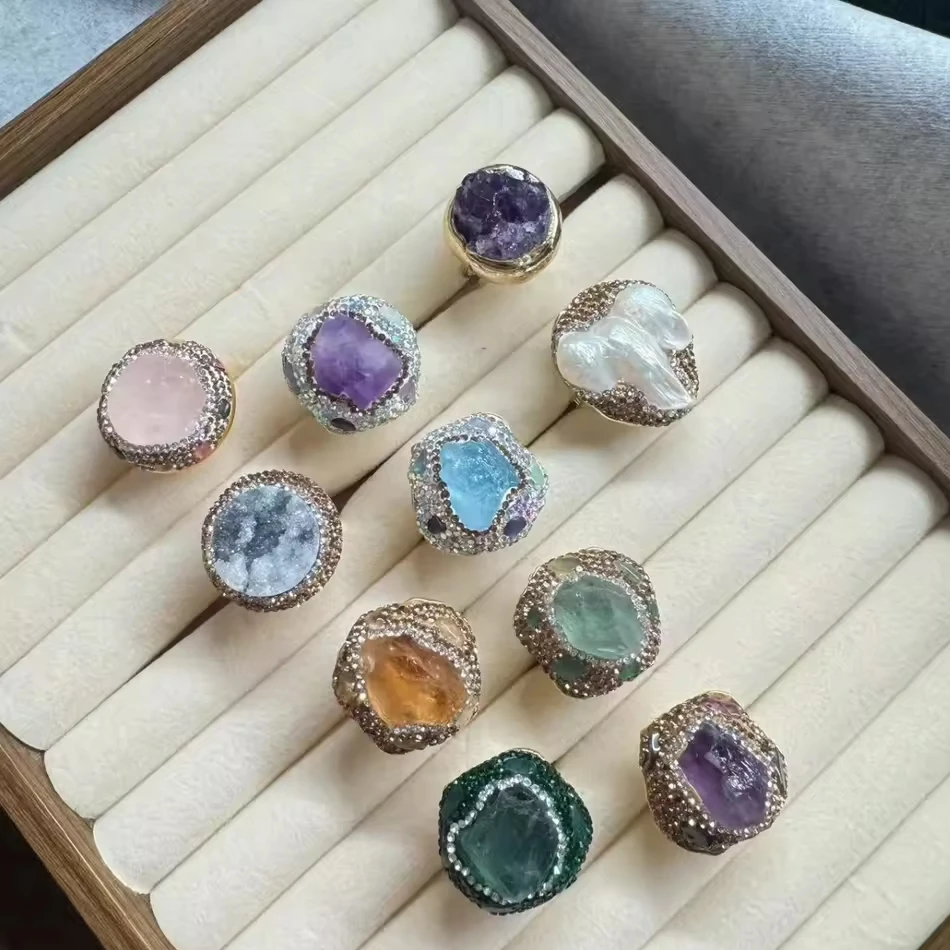 OEM Custom Jewelry Wholesale Adjustable Crystals Ring Healing Raw Stones Eco-friendly Natural Multi