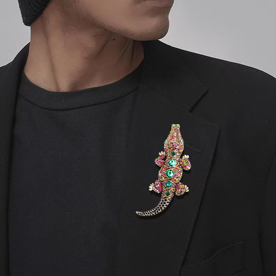 OEM Custom Jewelry Fashion Jewelry Rhinestone crocodile Alloy Brooch Pin for Men Women Clothes Accessories