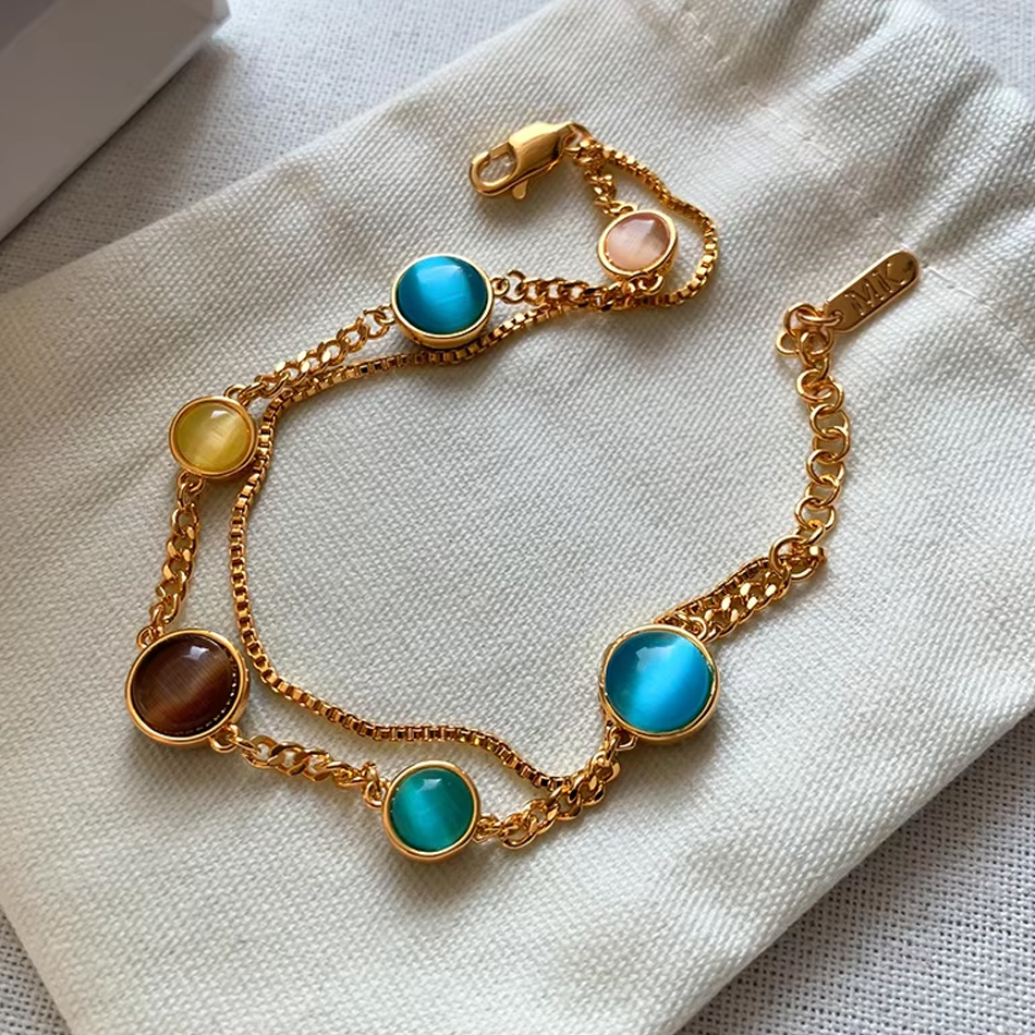 OEM Custom Jewelry Brass Electroplated 18k Gold Color Cat's Eye Stone Double Chain Bracelets Women Jewelry Factory Wholesale