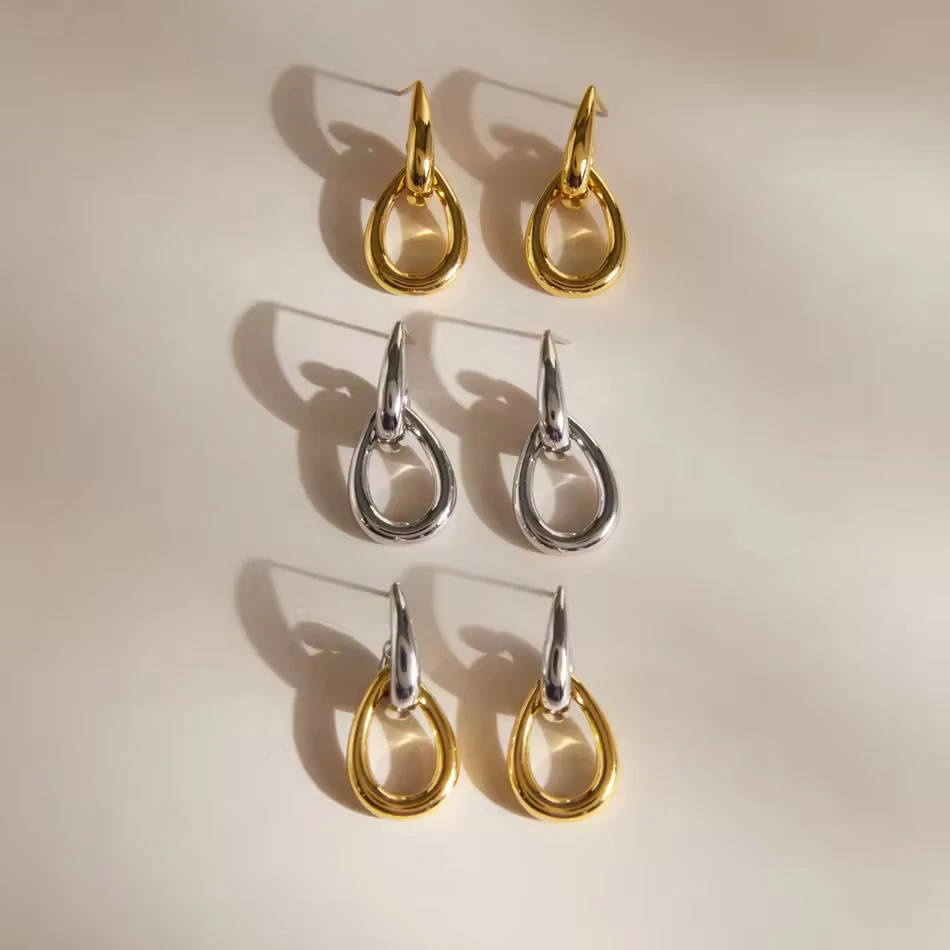 OEM Custom Jewelry Stainless Steel Teardrop Dangle Earrings 18K Gold Plated Open Geometric Statement