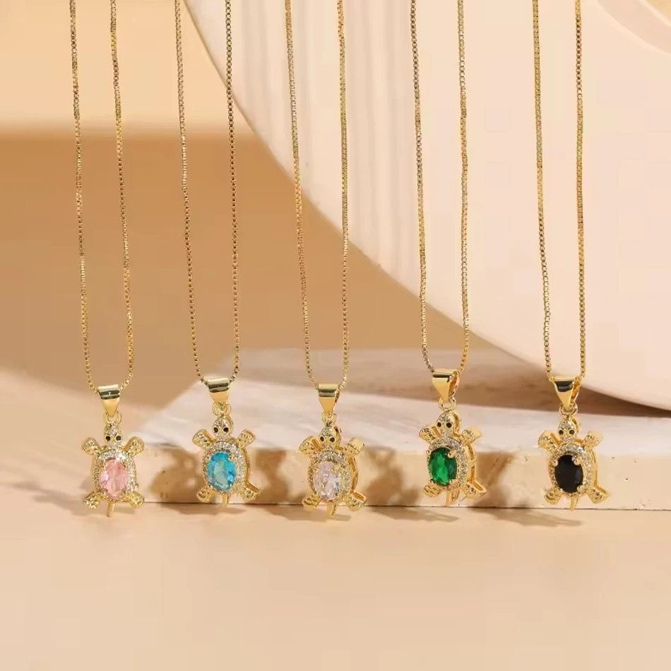 OEM Custom Jewelry Ocean Series Cute Crystal Zircon Tortoise Necklace Copper Plated Sea Turtle Penda