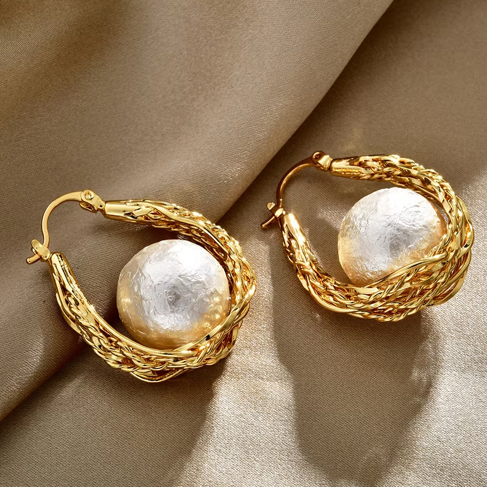 OEM Custom Jewelry Niche Designer Earring Woven Hemp Pattern Luxury High-end Beads Imitation Pearl Earrings Fashion Earring