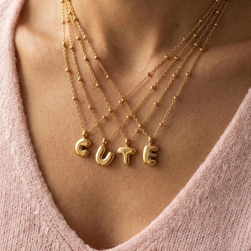 OEM Custom Jewelry Gold PVD Plated Stainless Steel Puffy Bubble Initial Letter Necklace A-Z Alphabet