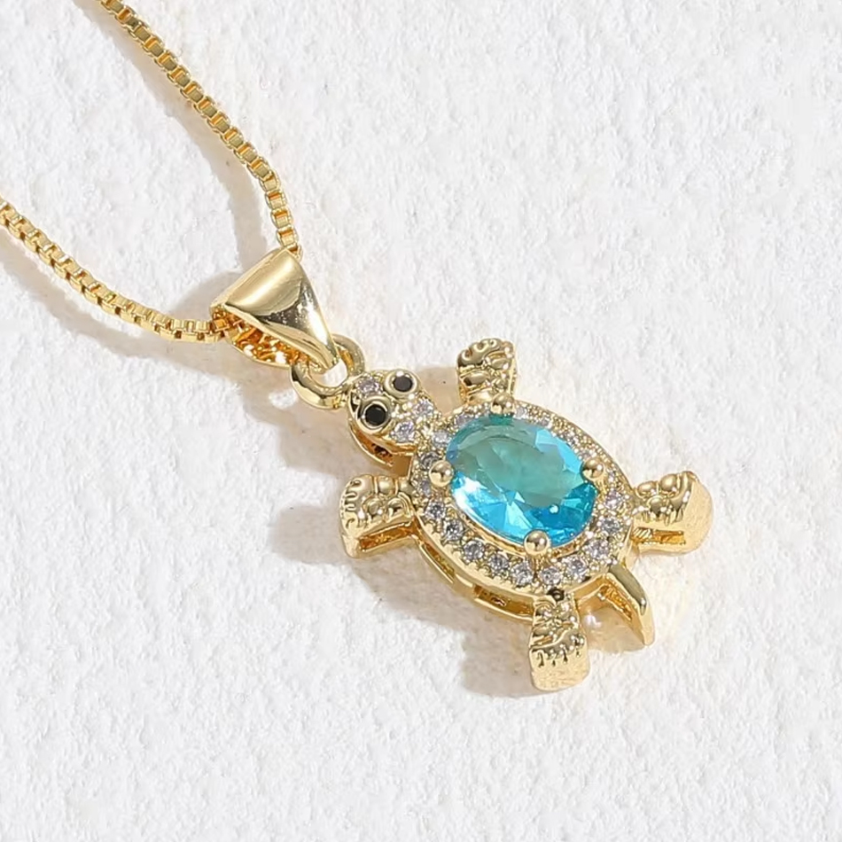 OEM Custom Jewelry Ocean Series Cute Crystal Zircon Tortoise Necklace Copper Plated Sea Turtle Pendant Link Chain Party Women