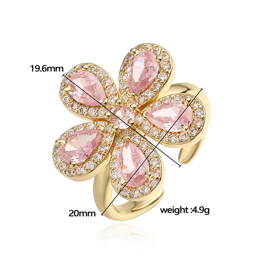 OEM Custom Jewelry High Quality Colorful Zircon Brass CZ Flower Ring 18K Gold Plated Adjustable Rings for Women Jewelry
