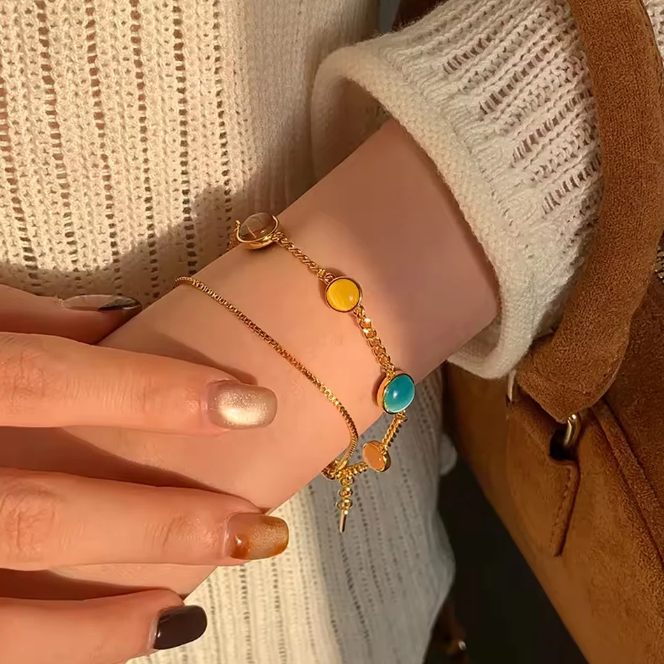 OEM Custom Jewelry Brass Electroplated 18k Gold Color Cat's Eye Stone Double Chain Bracelets Women J