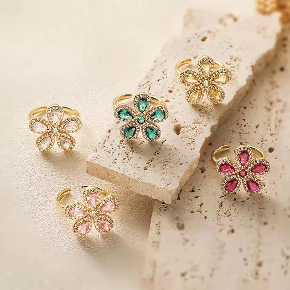 OEM Custom Jewelry High Quality Colorful Zircon Brass CZ Flower Ring 18K Gold Plated Adjustable Ring