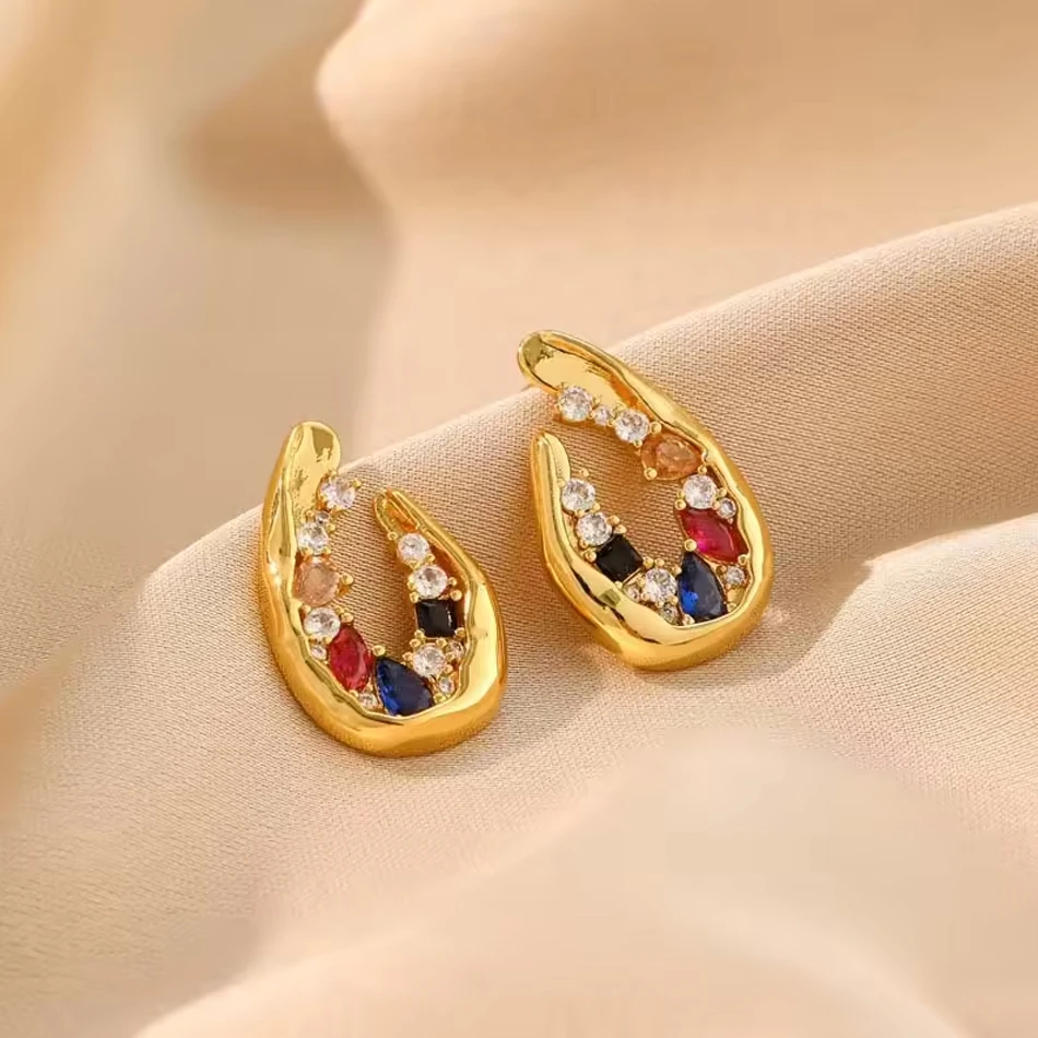 OEM Custom Jewelry Fashion Women's Earrings Brass 18K Gold Geometry Shape Luxury Zircon Decoration F