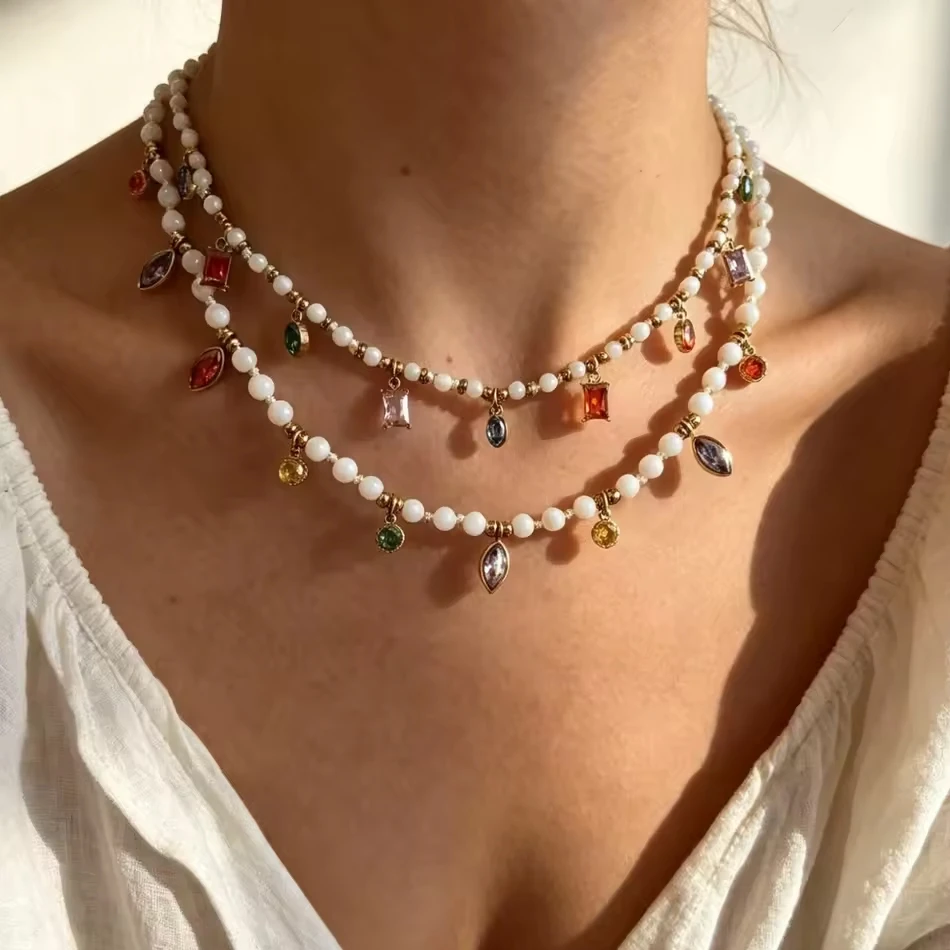 OEM Custom Jewelry Fashion Colored Dopamine Bead Zircon Necklace Stainless Steel High-end Feel Colla