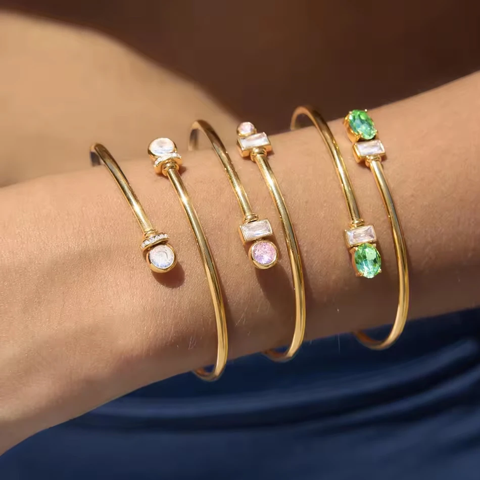 OEM Custom Jewelry 18K Gold Plated Stainless Steel Dainty Oval Rectangle Crystal Zircon Open Cuff Ba