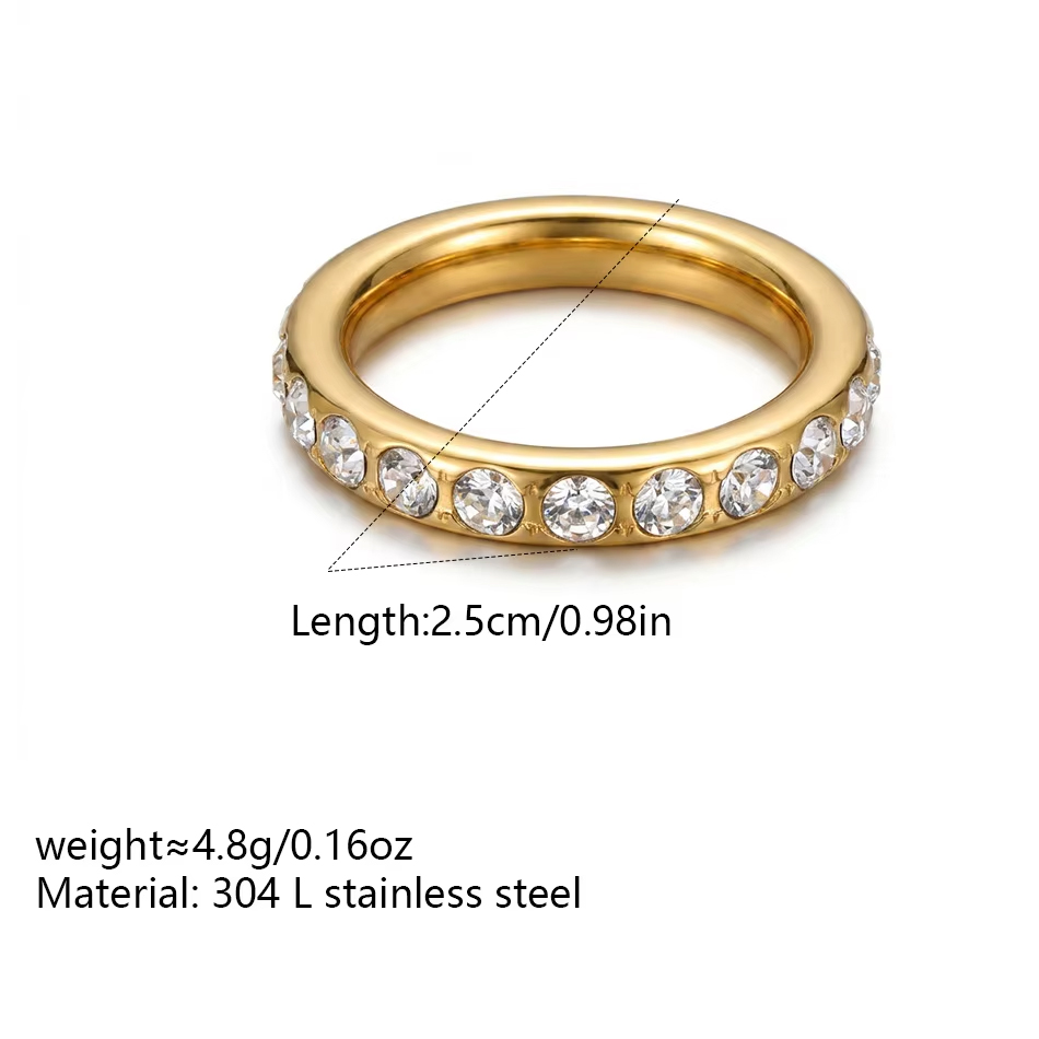 OEM Custom Jewelry Minimalist Dainty Stainless Steel 18K Gold Plated Ring Waterproof Shiny Full Cubic Zircon Rings for Women