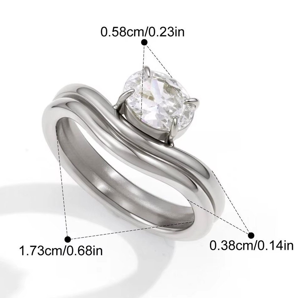 OEM Custom Jewelry Stainless Steel Double Layer Wave Ring for Women Elegant Oval White Zirconia Classic Wedding Party Jewelry