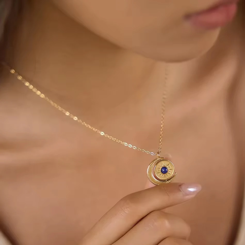 OEM Custom Jewelry Wholesale Stainless Steel Sun Moon Necklace Rotatable Lapis Lazuli Pendant Non-Ta