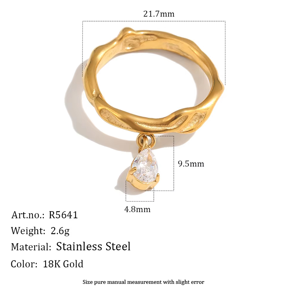 OEM Custom Jewelry Stainless Steel Dangle Ring Gold Tone Hammered Texture Band with Pear ZIRCON Drop Ring Fashion Jewelry