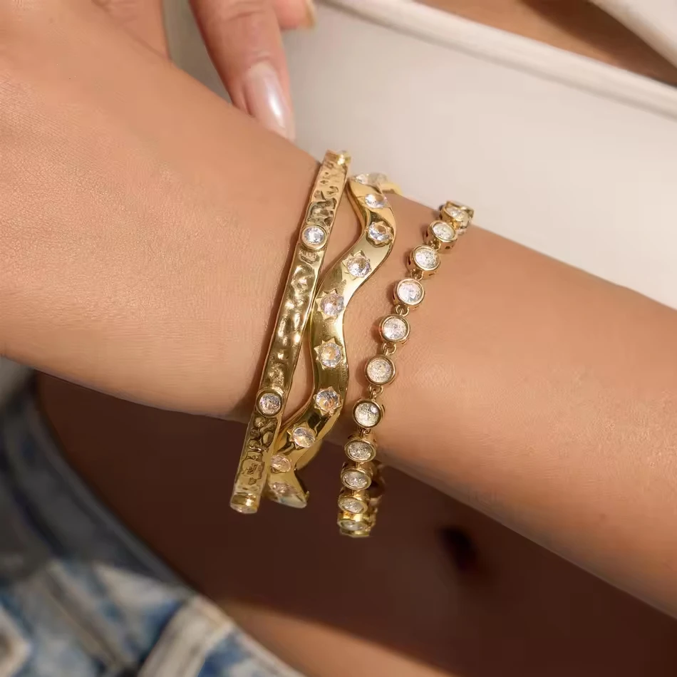 OEM Custom Jewelry 18K PVD Gold Plated Stainless Steel Zircon Bangle Waterproof Tarnish Free Hypoall