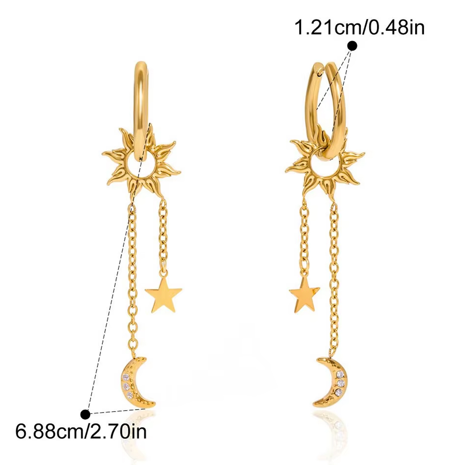 OEM Custom Jewelry 18K Gold Stainless Steel Fashion Earrings Rhinestone Sun Star Moon Tassel Earrings Wholesale Jewelry Supplier