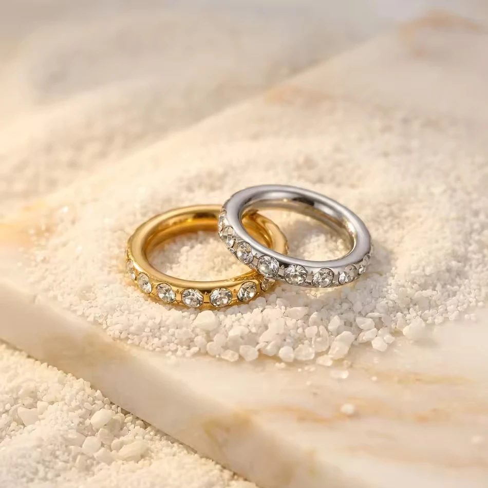 OEM Custom Jewelry Minimalist Dainty Stainless Steel 18K Gold Plated Ring Waterproof Shiny Full Cubi