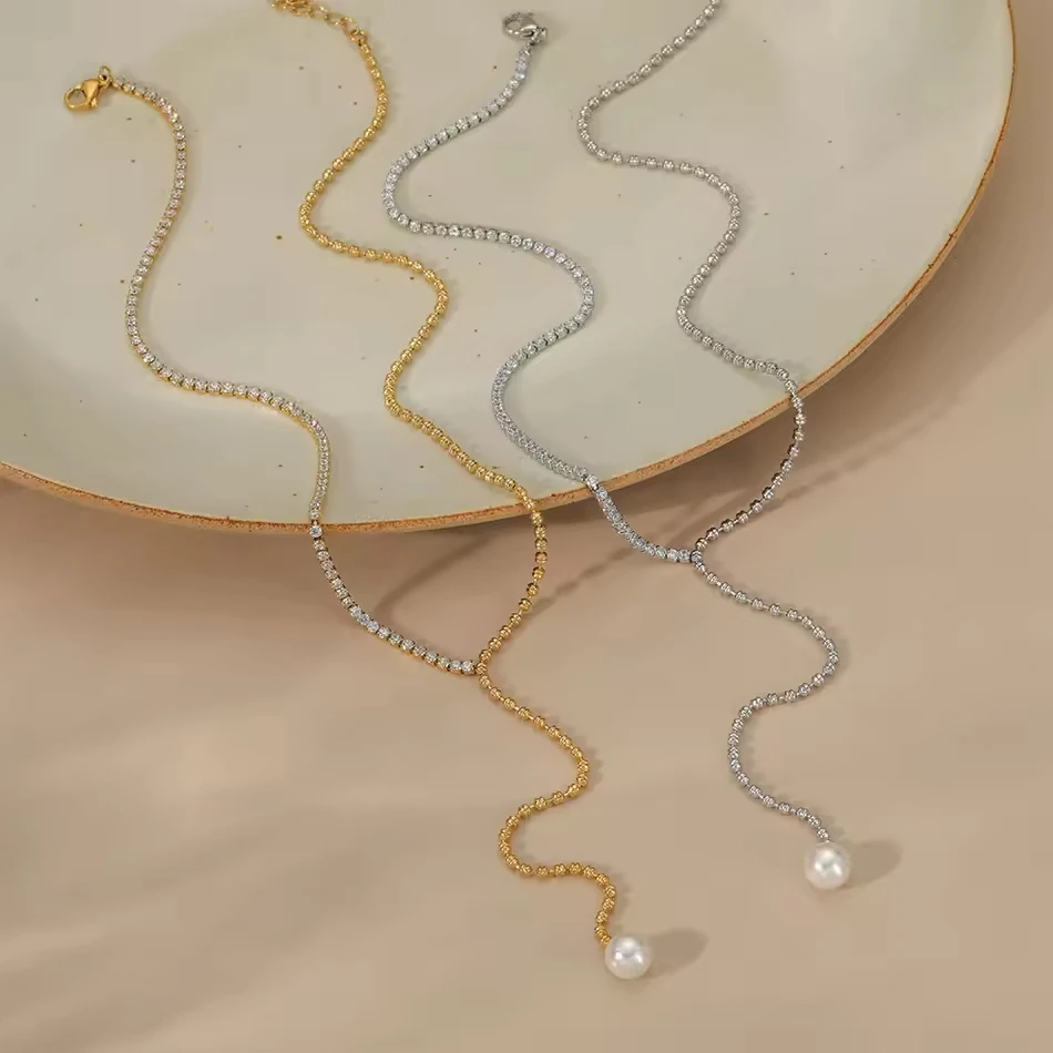 OEM Custom Jewelry Stainless Steel Y-Chain Necklace with Zircon Pearl Charm Lariat Style Elegant Nec