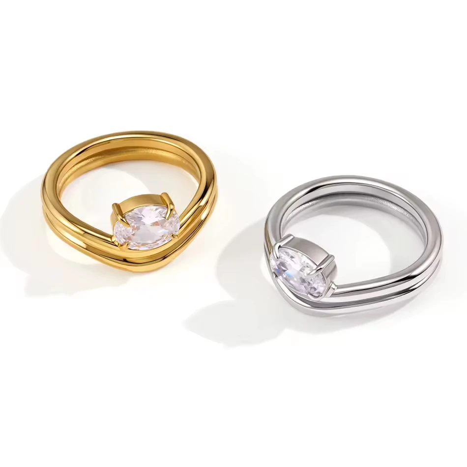 OEM Custom Jewelry Stainless Steel Double Layer Wave Ring for Women Elegant Oval White Zirconia Clas