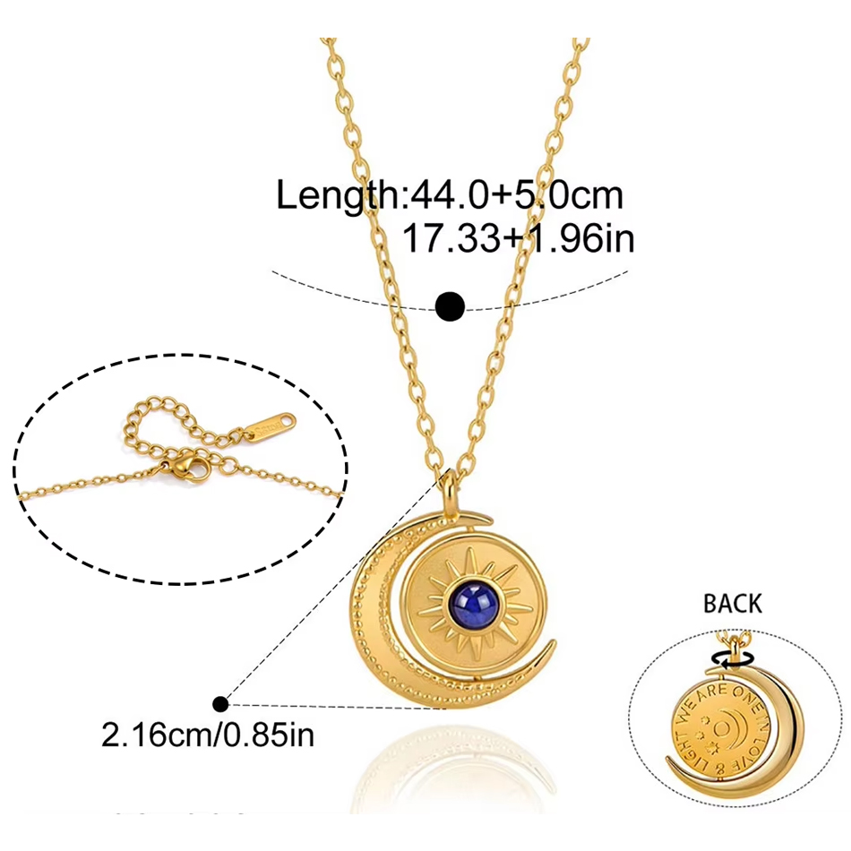 OEM Custom Jewelry Wholesale Stainless Steel Sun Moon Necklace Rotatable Lapis Lazuli Pendant Non-Tarnish Clavicle Necklace