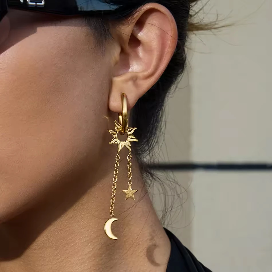 OEM Custom Jewelry 18K Gold Stainless Steel Fashion Earrings Rhinestone Sun Star Moon Tassel Earring